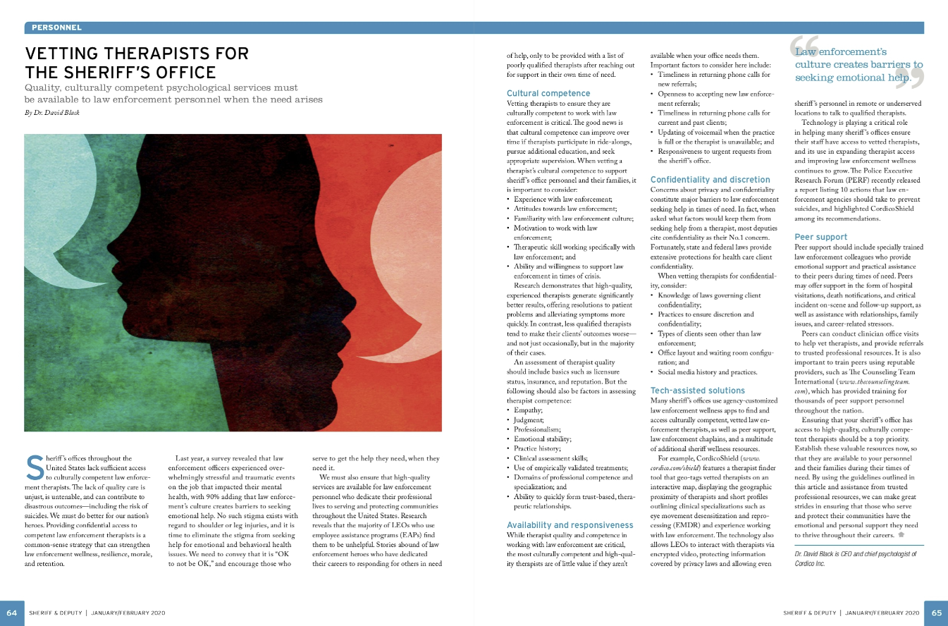 Image of 'Vetting Therapists for the Sheriff’s Office' article in Sheriff & Deputy publication